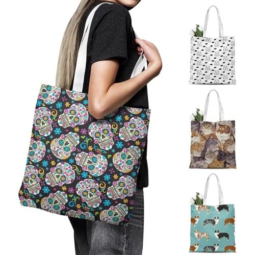 Fashion Women Canvas Handbag Animal Cute Girl Shopping Bag Skull Fun Casual Shoulder Bag Large Capacity Tote Bag Reusable Bag