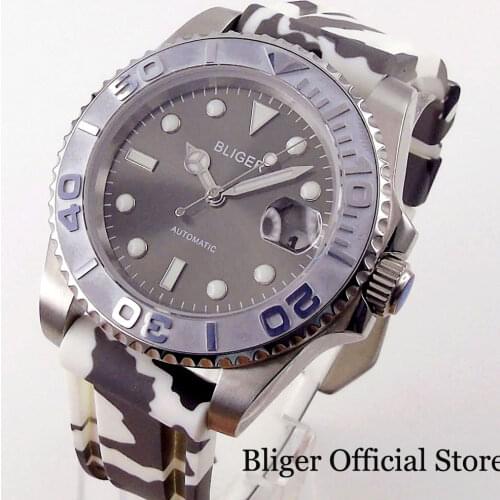 BLIGER Dress Grey Mechanical Men Wristwatch NH35A Movement Luminous Marks Sapphire Glass Rotating Bezel Ring Rubber Band