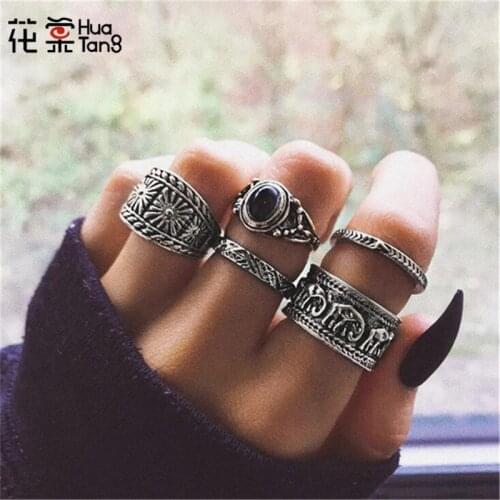 HuaTang 5pcs/set Vintage Carving Elephant Joint Rings Set for Women Silver Color Knuckle Rings Jewelry Party Anillos 6222