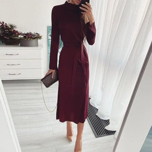 Autumn Elegant Solid Long Dress Lady Turtleneck Slim Party Dress Spring Fashion Lace-Up Waist Long Sleeve Women Casual Dresses