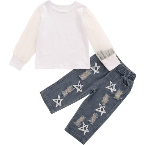 OPPERIAYA Toddler Baby Girls Fall casual Outfits Mesh Long Sleeve Crewneck Tops pocket Ripped Denim jeans 2Pc lovely Clothes Set