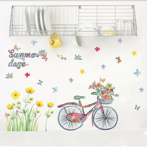 Pastoral Style Yellow Flower and Bicycle Summer Wall Stickers for Kids Room Living Room Bar Home Art Decoration Wall Decals PVC