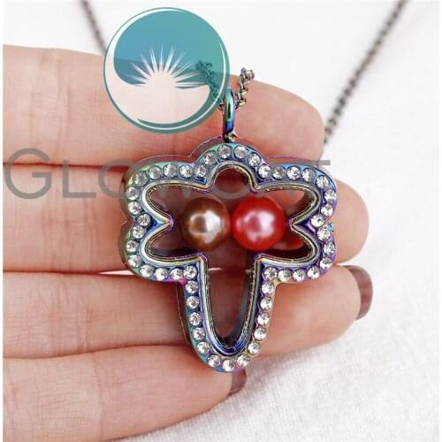Rainbow Dragonfly Glass Locket Pearl Necklace Pendant fit 8mm Beads Pearl 50cm Steel Chain Necklace C1393
