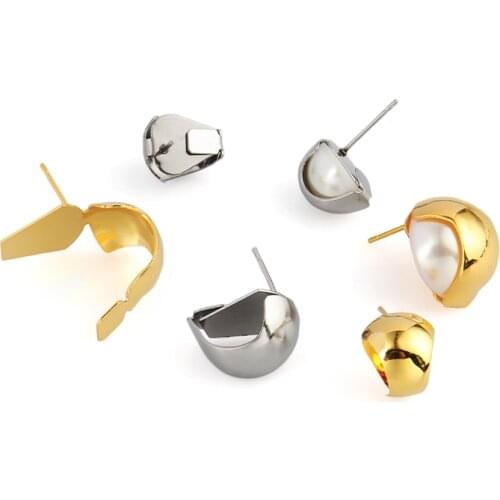 10pcs Stainless Steel Stud Earrings 20*15mm Fit Embedded 7.2mm Single Hole Semi circle Pearl Earring Findings for Jewelry Making