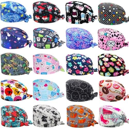 Anime Scrub Cap 100% Cotton Cartoon Print Nursing Caps Beauty Salon Pet Shop Nurse Working Accessories Surgicals Hat Wholesale