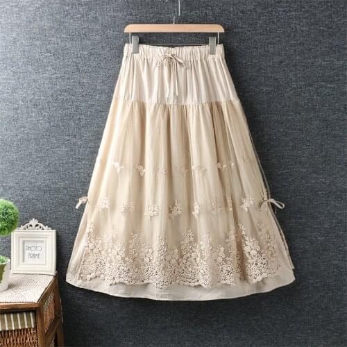 Chic lace flower skirts elastic waist long skirt cotton women casual skirts
