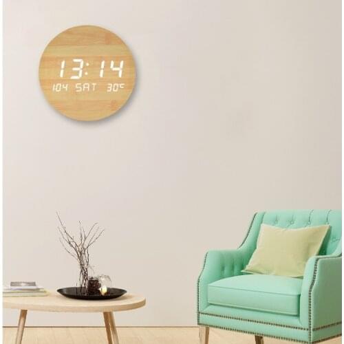 Led Wood Clock Luminous Digital Digital Perpetual Calendar Temperature Sound Control Electronic Digital Wall Clock Mute