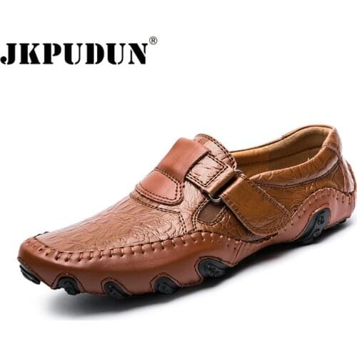 JKPUDUN Mens Shoes Casual Luxury Brand Genuine Leather Men Loafers Breathable Driving Shoes Slip on Moccasins Dropshipping 2019