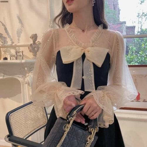 Vintage Elegant Mini Party Dress for Women Casual Lace Long Sleeve Dresses Bow Sexy One Piece Dress Korean Black Summer 2021 New