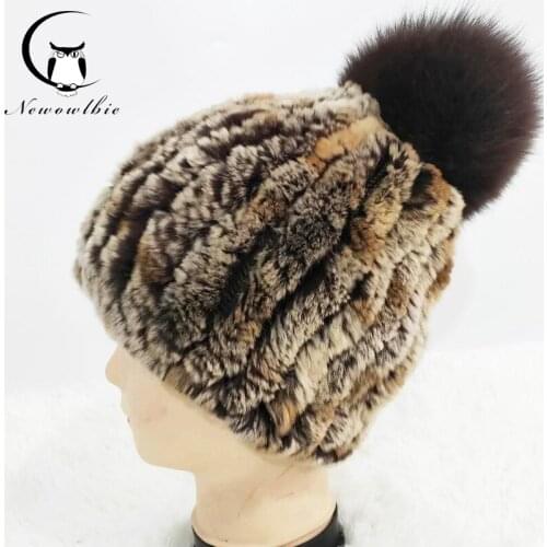 Knitted Pompom Hats for Women Beanies Solid Elastic Rex Rabbit Fur Caps Winter Hat With a fox fur ball Fashion Accessories