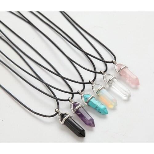 Leather Rope Chain Necklace Hexagonal Column Necklaces Natural Crystal Pendants Pink White Stone Pendant Necklaces for Women