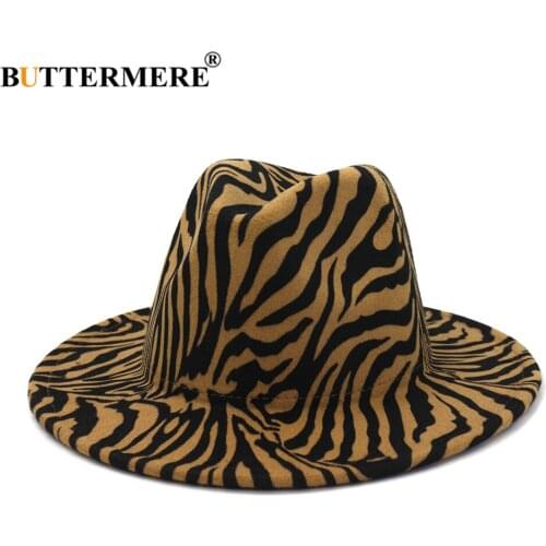 BUTTERMERE Zebra Woolen Felt Jazz Fedora Hat Women Men Wide Brim Panama Party Trilby Cowboy Cap Autumn Men Gentleman Wedding Hat