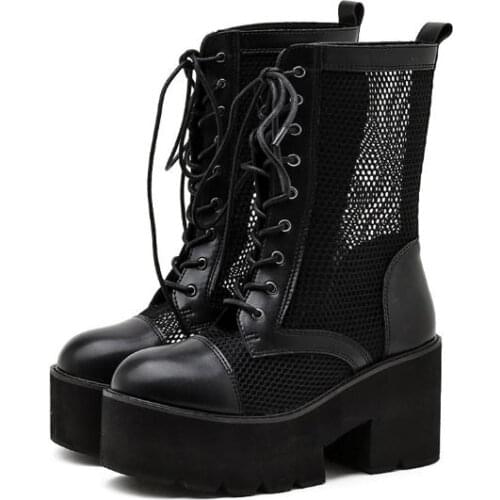 Spring Summer Women Thick Sole Ankle Boots Lace Up Fashion Luxury Platform Boots Womens Night Club High Heels Shoes Air Mesh