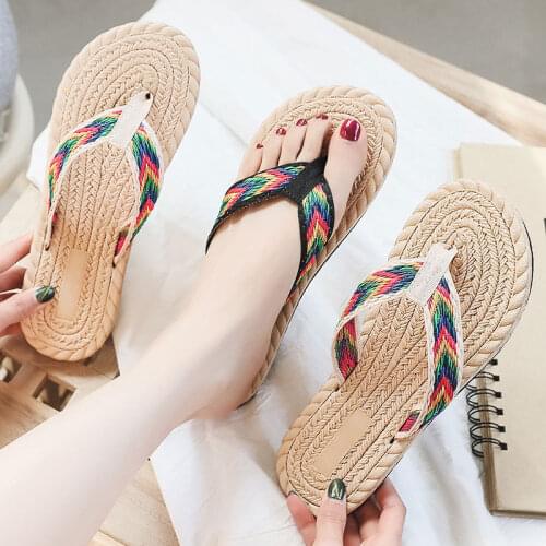 2021 Summer New Style Straw Woven Travel Espadrille Flip Flops Women Flat Casual Fashion Slippers Low-heeled Beach Shoes