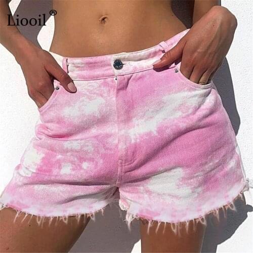 Liooil Tie Dye Print Ripped Jean Shorts Women With Pockets New 2021 Summer Streetwear Cotton Low Waist Sexy Hole Denim Shorts