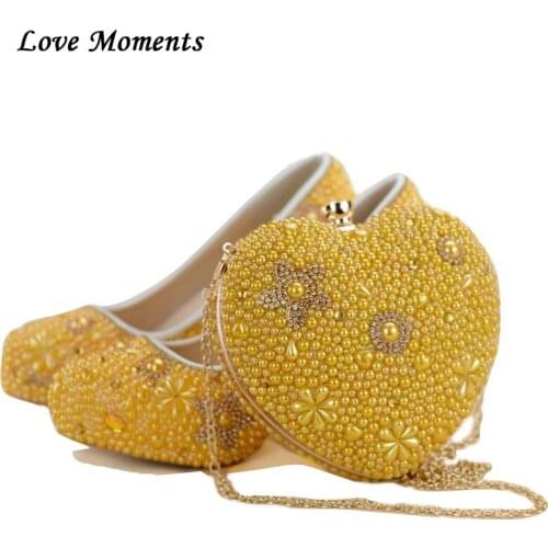 New Gold Yellow Pearl shoes and bags to match woman shoes with matching bag heart high heels womens Pumps ladies Platform shoes