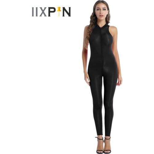 Women One-piece Stretchy Catsuit Jumpsuit Double Zipper Front Sleeveless Solid Color Skinny Leotard Bodysuit Sexy Bodycon Romper