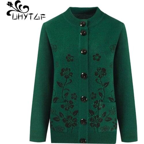 UHYTGF Spring autumn sweater jacket fashion Beaded cardigan women casual warm plus size coat single-breasted Female sweater 1235