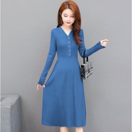 Women Sweater Dress Autumn Winter Warm Knitted Pullover Long Sweater Dresses Sweet Lace V-neck Elegant Party Midi Vestido Y477
