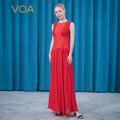 VOA Silk Round Neck Sleeveless Bump Splicing Fold Double Skirt Three-dimensional Decoration Red Dinner Dresses for Women AE812