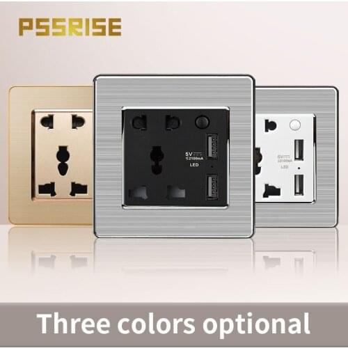 13A Universal five-hole Socket with 2 USB Stainless Steel panel Wall Outlet Grounded household socket home improvement