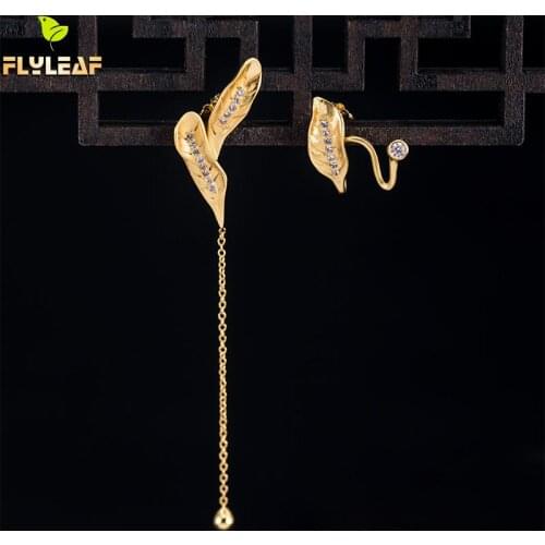 18k Gold Zircon Autumn Leaves Asymmetry Stud Earrings For Women 925 Sterling Silver Original Female Student Vintage Jewelry 2021