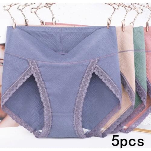 5Pcs Solid Cotton Panties High Waist Briefs Women Lingerie Breathable Underpants 6XL Plus Size Lace Underwear Female Intimates