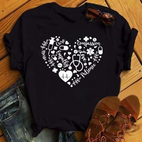 Black Graphic tees Heart Pill T Shirt Women Casual Nurse tshirts Funny Short sleeve Cartoon T-shirt Harajuku T-shirt Female Tops