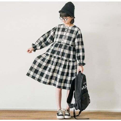 Japanese style Kids Girls Black White Plaid Long Sleeve Cotton Dresses 10 12 years 2021 new Summer Autumn Teen Girls Outfit