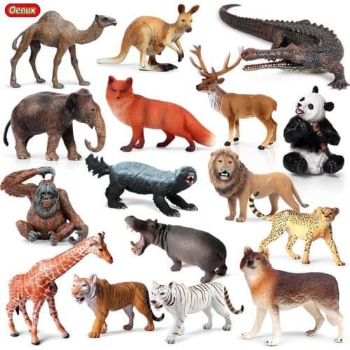 Oenux Original African Wild Animals Lion Tiger Wolf Model Action Figures Crocodile Elk Camel PVC Lifelike Collection Kid Toy
