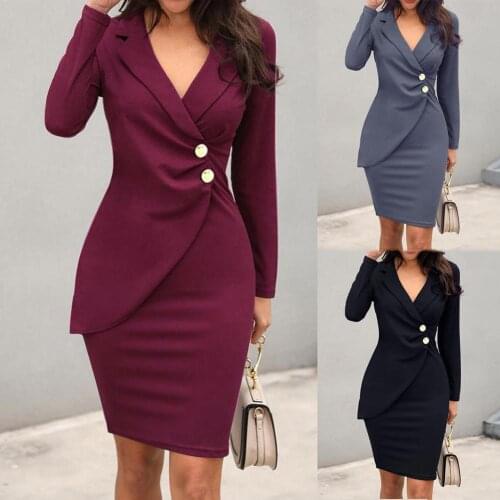 Elegant Office Lady Bodycon Button Long Sleeve Business Suit Midi Dress Blazer Polyester Women Solid Lapel Tight Hip Work Dress