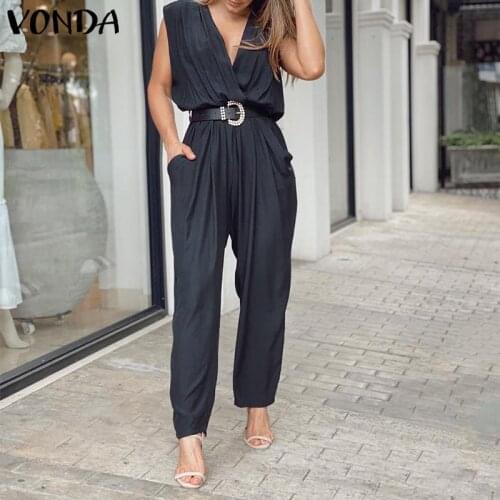 Wmen Elegant Long Jumpsuits VONDA 2021 Summer Party Rompers Women Overalls Sleeveless Sexy V Neck Solid Playsuits Work Pantalon