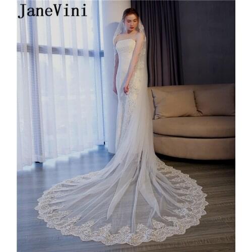 JaneVini Bridal Veils Cathedral Length Veil Lace Appliques Edge Soft Tulle One Layers with Comb Ivory Wedding Veils Accessories