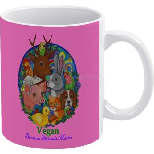 Vegan Because Animals Matter White Mug 11oz Ceramic Tea Cup Coffee Mug Friends Birthday Gift Vegan Animals Deer Puppy Kitten Rab