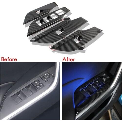 Car Carbon Fiber Window Glass Lift Button Trim Switch Cover Decoration LED Atmosphere Light for Toyota RAV4 2020 2021