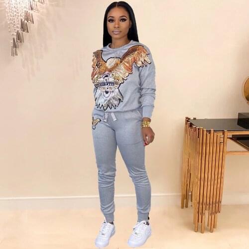 Two Piece Set Sequin Eagle Women Cloth Tracksuit Jogger Pants Lounge Top Outfits Sweatsuit Club 2 Piece Set Festival Sweat Suits