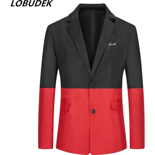 Red Black White Patchwork Mens Blazer Fashion Slim Fit Thin Style Casual Suit Jacket Male Singer Host Performance Stage Costume
