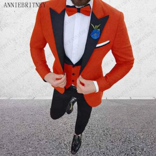 ANNIEBRITNEY Blazer Men Solid Color Orange Business Casual Men Suit Wedding suit for Bridegroom Formal Tuxedo (Jacket+Pants+Vest