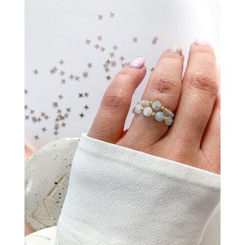Natural Stone Aquamarine Ring Set for Women Gold Silver Stainless Steel Beads Natural Stone Beads Rings Handmade Elastic Rope