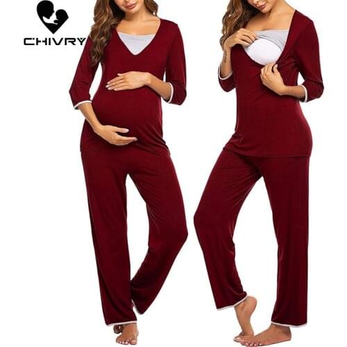New Maternity Pregnant Women Pajamas Set Long Sleeve Nursing Baby Breastfeeding T-shirt Tops+Adjustable Pants Pajamas Sleepwear