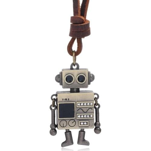 Punk Robot Alloy Pendant Necklaces for Men Women Unisex Genuine Leather Charm Jewelry Necklace Geometric Collier Fashion Gift
