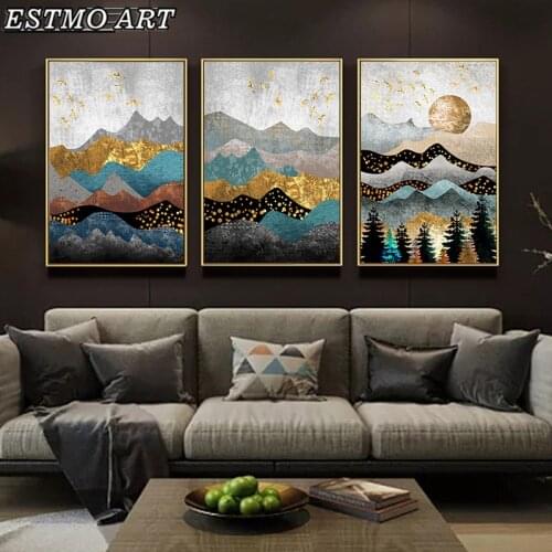 Canvas Print Blue and Gold Landscape Poster and Prints Living Room Wall Abstract Art Picture Nordic Modern Home Decor Painting