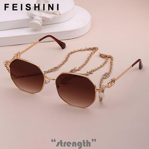 FEISHINI Luxury Brand Necklace Lanyard Oval Sunglasses Ladies Celebrity 2021 Fashion Metal Chain Women Glasses UV Protector