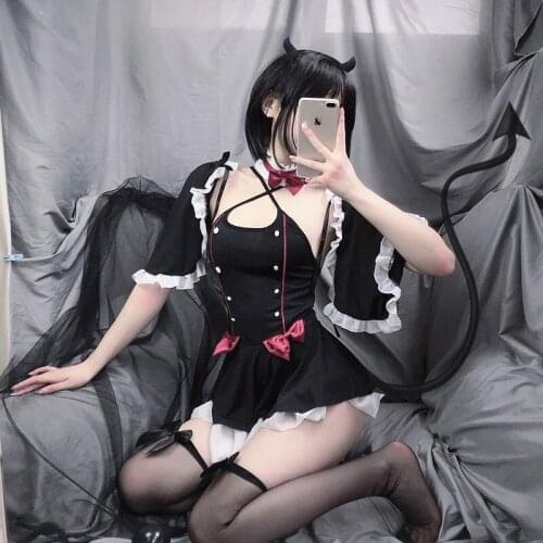 Sexy European Erotic Lolita Cosplay Lingerie Costume Underwear Kawaii Mini Top Devil Roleplay Set Black Babydoll Bow For Women