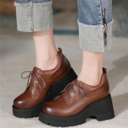 Platform Pumps Shoes Women Lace Up Genuine Leather Chunky High Heels Ankle Boots Female Round Toe Punk Creepers Casual Shoes