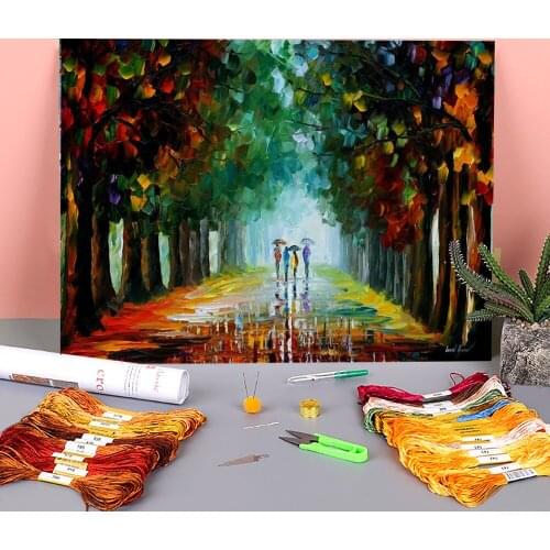 Bright Rain Printed Water-Soluble Canvas 11CT Cross-Stitch Embroidery Full Kit DMC Threads Knitting Painting Magic