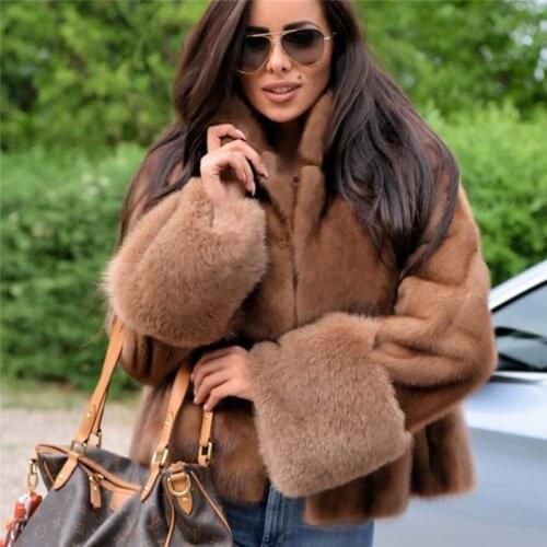 Fashion Coffee Color Real Mink Fur Jackets for Women Winter Fashion Natural Full Pelt Genuine Mink Fur Coat with Fox Fur Cuffs