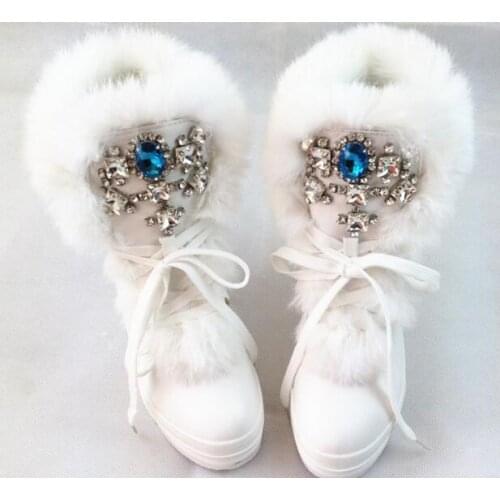 Luxury design women boots 2018 Winter warm womens boots black white leather height increasing ankle boots lace up crystal shoes