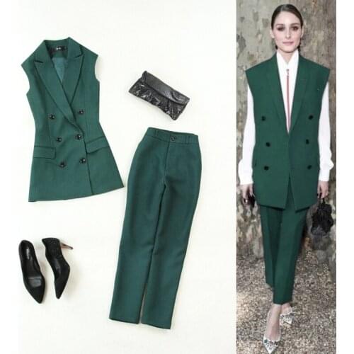 Large size womens high-quality spring and summer new dark green suit collar vest + small straight leg pants OL suit women set