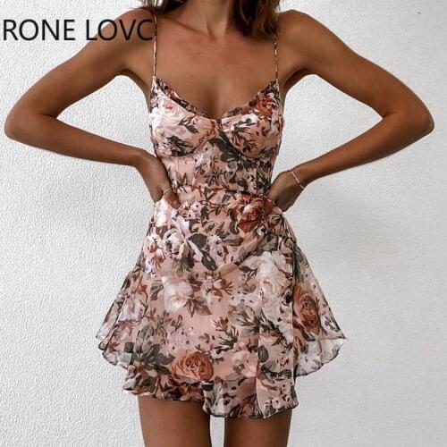 Women Floral Print Ruffle Hem Backless Casual Dress Summer Mini Dress